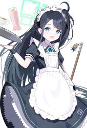 Rule 34 | 1girl, absurdres, aqua halo, aris (blue archive), black hair, blue archive, blue eyes, halo, highres, looking at viewer, maid, open mouth, rectangular halo, short sleeves, simple background, skirt, smile, solo, wasi