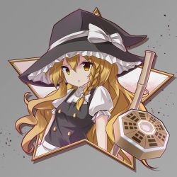 Rule 34 | 1girl, blonde hair, braid, broom, commentary request, grey background, hair ribbon, hat, hat ribbon, highres, kirisame marisa, long hair, looking at viewer, mini-hakkero, parted lips, puffy short sleeves, puffy sleeves, revision, ribbon, ryogo, short sleeves, simple background, single braid, solo, star (symbol), touhou, tress ribbon, trigram, tsurime, upper body, vest, witch hat, yellow eyes