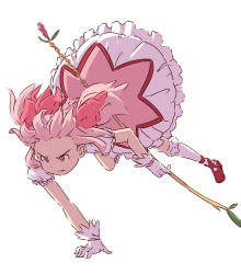 Rule 34 | 10s, bow (weapon), clenched teeth, frilled sleeves, frills, gloves, hair ribbon, kaname madoka, mahou shoujo madoka magica, mahou shoujo madoka magica (anime), omacchi, petticoat, pink hair, red footwear, ribbon, shoes, short hair, simple background, solo, teeth, twintails, weapon, white gloves, white legwear