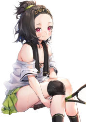 Rule 34 | 1girl, azur lane, bare shoulders, black bra, black hair, black socks, blush, bra, breasts, closed mouth, clothes writing, collarbone, commentary request, cooper (azur lane), cooper (blazing tennis battle) (azur lane), douya (233), forehead, from side, green skirt, hairband, knee pads, looking at viewer, pleated skirt, racket, red eyes, shirt, short hair, simple background, sitting, skirt, small breasts, smile, socks, solo, sportswear, sweat, tennis racket, tennis uniform, topknot, underwear, white background, white shirt