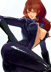 Rule 34 | 1girl, ass, ayu161, bodysuit, breasts, brown eyes, brown hair, cat burglar, catsuit, cleavage, hand on own hip, hip focus, large breasts, lips, long hair, lupin iii, mine fujiko, shiny clothes, solo, tms entertainment
