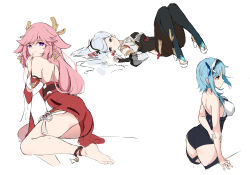 Rule 34 | 3girls, absurdres, animal ears, ass, back, bare arms, bare shoulders, barefoot, black legwear, blue hair, breasts, chinese clothes, eula (genshin impact), eyebrows hidden by hair, fox ears, fox tail, genshin impact, hair ornament, hairband, highres, japanese clothes, light blue hair, long hair, looking at viewer, looking to the side, lying, miko, multiple girls, pantyhose, pink hair, shenhe (genshin impact), short hair, simple background, sitting, tail, thighhighs, toes, white background, yae miko