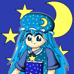 Rule 34 | blue eyes, blue hair, book, danny rg, highres, holding, holding book, ichika yuuto, lame dimension, moon, parody, pixel art, smile, style parody, super ledgehop: double laser, touhou, touhou (pc-98), zun (style)