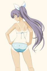 Rule 34 | 1girl, ass, bikini, blue eyes, blush, contrapposto, earrings, female focus, from behind, ganaha hibiki, hands on own hips, idolmaster, idolmaster (classic), jewelry, long hair, looking at viewer, looking back, one-piece tan, ponytail, purple hair, smile, solo, standing, swimsuit, tan, tanline, tsukumo (soar99), very long hair