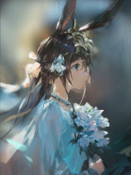 Rule 34 | 1girl, absurdres, alternate costume, amiya (arknights), animal ears, arknights, blue choker, blue dress, blue eyes, blue flower, blue rose, blurry, blurry background, bouquet, brown hair, choker, closed mouth, depth of field, dress, flower, from side, hair flower, hair ornament, highres, holding, holding bouquet, lily (flower), long hair, long sleeves, looking afar, looking away, profile, rabbit ears, rose, sidelocks, solo, upper body, white flower, zygocactus