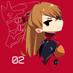 Rule 34 | 1girl, :/, bodysuit, breasts, brown hair, dot eyes, eva 02, evangelion: 3.0 you can (not) redo, interface headset, long hair, looking at viewer, looking to the side, medium breasts, neon genesis evangelion, numbered, plugsuit, rebuild of evangelion, red background, red bodysuit, shiny clothes, solo, souryuu asuka langley, tsundere, very long hair