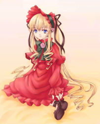 Rule 34 | 00s, 1girl, blonde hair, blue eyes, bonnet, dress, drill hair, expressionless, koizumi rei, long hair, long sleeves, red dress, rozen maiden, shinku, sidelocks, simple background, sitting, solo, twintails, very long hair, yellow background