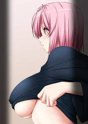 Rule 34 | 1girl, black shirt, blush, breasts, clothes lift, commentary request, from side, grey background, highres, large breasts, lifting own clothes, long sleeves, no headwear, nori tamago, parted lips, pink hair, profile, red eyes, saigyouji yuyuko, shirt, shirt lift, short hair, solo, touhou, underboob, upper body