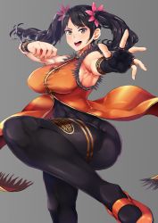 Rule 34 | 1girl, abs, ahoge, armpits, bad id, bad pixiv id, bare shoulders, black gloves, black hair, breasts, brown eyes, fingerless gloves, gloves, grey background, highres, large breasts, leg up, ling xiaoyu, long hair, looking at viewer, open mouth, round teeth, simple background, single glove, smile, smirk, solo, sonparesu, teeth, tekken, thick thighs, thighs, tongue, twintails