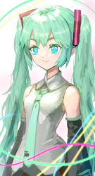 Rule 34 | 1girl, bare shoulders, black skirt, black sleeves, blue eyes, breasts, collared shirt, commentary request, detached sleeves, green hair, green necktie, grey shirt, hatsune miku, highres, long hair, long sleeves, looking away, necktie, shirt, skirt, sleeveless, sleeveless shirt, small breasts, solo, thick eyebrows, tie clip, torimahera, twintails, very long hair, vocaloid