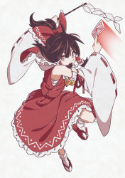 Rule 34 | 1girl, bare shoulders, black hair, blush, bow, brown eyes, detached sleeves, frilled skirt, frills, full body, gohei, hair between eyes, hair bow, hair tubes, hakurei reimu, highres, holding, inuno rakugaki, japanese clothes, long hair, nontraditional miko, ofuda, red bow, red skirt, ribbon-trimmed sleeves, ribbon trim, sidelocks, simple background, skirt, solo, touhou, white background, wide sleeves