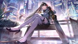 Rule 34 | 1girl, ahoge, architecture, black footwear, black hair, building, crossed legs, floating hair, full body, green eyes, green skirt, hair ornament, high heels, highres, holding, holding sword, holding weapon, lin (tower of fantasy), long hair, looking at viewer, multicolored hair, pantyhose, plant, science fiction, skirt, solo, sousou (sousouworks), sword, tower of fantasy, very long hair, weapon, white pantyhose, white uniform