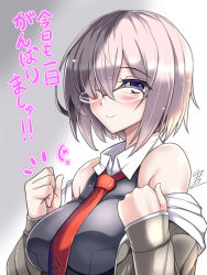 Rule 34 | 1girl, bare shoulders, black shirt, blush, breasts, clenched hands, closed mouth, fate/grand order, fate (series), from side, glasses, hair over one eye, jacket, large breasts, long sleeves, looking at viewer, looking to the side, mash kyrielight, necktie, off shoulder, open clothes, open jacket, purple eyes, red necktie, semi-rimless eyewear, shirt, short hair, silver hair, sleeveless, sleeveless shirt, smile, solo, translation request, upper body, yasakani an