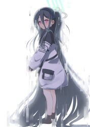 Rule 34 | &lt;key&gt; (blue archive), 1girl, absurdly long hair, black hair, black hairband, black socks, blue archive, blush, closed mouth, full body, hair between eyes, hairband, halo, highres, jacket, long hair, long sleeves, looking at viewer, mamiyahara hitoshige, pink eyes, simple background, smile, socks, solo, tears, very long hair, white background, white jacket