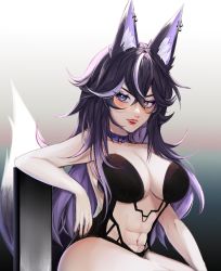Rule 34 | 1girl, abs, absurdres, animal ears, black hair, blush, breasts, collar, commentary, english commentary, fang, fox ears, fox girl, fox tail, gradient hair, grey eyes, heterochromia, highres, indie virtual youtuber, kyaree, kyaree (vtuber), large breasts, lingerie, long hair, looking to the side, multicolored hair, navel, orange eyes, purple collar, purple hair, red lips, smile, solo, tail, underwear, underwear only, v-shaped eyebrows, virtual youtuber