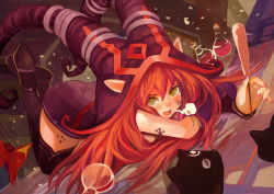 Rule 34 | 1girl, arm warmers, black thighhighs, boots, bottle, canking, cat, cork, green eyes, hat, holding, league of legends, legs up, long hair, looking at viewer, lulu (league of legends), lying, nail polish, on floor, on side, open mouth, paw print, red hair, sigh, smile, solo, thigh boots, thighhighs, top-down bottom-up, wallpaper