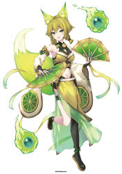 Rule 34 | 1girl, animal ear fluff, animal ears, artist name, bare shoulders, bell, black footwear, boots, breasts, bridal gauntlets, brown hair, commentary request, detached sleeves, duel monster, fire, folding fan, fox ears, fox girl, fox tail, full body, green eyes, green fire, hair between eyes, hand fan, holding, holding fan, hu-li the jewel mikanko, jingle bell, long sleeves, looking at viewer, medium breasts, nail polish, nakazawa aki, navel, neck bell, sidelocks, simple background, single thigh boot, smile, solo, standing, standing on one leg, tail, thigh boots, v-shaped eyebrows, white background, white sleeves, wide sleeves, yu-gi-oh!