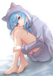 Rule 34 | 1girl, absurdres, alternate costume, animal hood, bare legs, barefoot, blue eyes, blue hair, closed mouth, commentary request, feet, fur-trimmed hood, fur-trimmed shorts, fur trim, grey shorts, grey sweater, hand on own knee, head tilt, highres, hololive, hood, hooded sweater, hoshimachi suisei, knees up, legs, long hair, long sleeves, looking at viewer, short shorts, shorts, sidelighting, sitting, sleepwear, smile, solo, star (symbol), star in eye, suzuori fika, sweater, symbol in eye, toenails, toes, twitter username, virtual youtuber