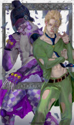 Rule 34 | 1boy, blonde hair, blood, blood on face, broken mirror, closed mouth, clothing cutout, commentary request, danart14020, earrings, green jacket, green pants, highres, jacket, jewelry, jojo no kimyou na bouken, long sleeves, looking at viewer, male focus, mirror, navel, necktie, pannacotta fugo, pants, pointing, purple eyes, purple haze (stand), realistic, stand (jojo), vento aureo