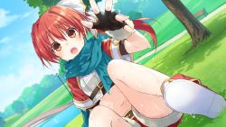 Rule 34 | 10s, 1girl, absurdres, dutch angle, falcom (neptunia), game cg, hair ornament, highres, long hair, looking at viewer, navel, neptune (series), official art, open mouth, orange eyes, ponytail, red hair, ribbon, scarf, solo, tsunako, water, wet