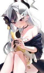 Rule 34 | 1girl, animal, animal ears, bare shoulders, black choker, black hair, black kimono, blue archive, blush, breast press, breasts, cat, cat ears, cat girl, choker, cleavage, collarbone, demon horns, ear piercing, earclip, hair ornament, hairclip, halo, highres, holding, holding animal, horns, japanese clothes, kayoko (blue archive), kayoko (new year) (blue archive), kemonomimi mode, kimono, long hair, multicolored hair, nidaime (doronbo), off shoulder, official alternate costume, piercing, red eyes, sitting, small breasts, solo, two-tone hair, white background, white hair