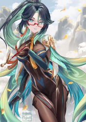 Rule 34 | 1girl, absurdres, aqua eyes, aqua hair, aqua lips, black dress, blue hair, blue sky, bodystocking, breasts, capelet, cloud retainer (genshin impact), colored inner hair, commentary request, covered navel, cowboy shot, day, dress, genshin impact, glasses, highres, holding, holding smoking pipe, kiseru, looking at viewer, medium breasts, multicolored hair, outdoors, parted lips, ponytail, red-framed eyewear, sky, smoking pipe, solo, standing, thighs, whyte srsn, xianyun (genshin impact)