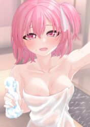 Rule 34 | 1girl, absurdres, areola slip, arm up, assault lily, bare arms, bare shoulders, bathroom, blurry, blurry background, blush, breasts, cleavage, collarbone, hair between eyes, hair ribbon, hand up, highres, hitotsuyanagi riri, holding, holding sponge, indoors, lace, lace-trimmed ribbon, lace trim, looking at viewer, medium breasts, naked towel, one side up, open mouth, outstretched arm, pink eyes, pink hair, reaching, reaching towards viewer, ribbon, saetusum, see-through, short hair, smile, solo, sponge, standing, towel, upper body, water, water drop, wet, wet hair, wet towel, white ribbon