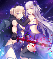 Rule 34 | 2girls, :p, absurdres, ahoge, artoria pendragon (alter swimsuit rider) (fate), artoria pendragon (alter swimsuit rider) (third ascension) (fate), artoria pendragon (fate), back, backless dress, backless outfit, bad id, bad pixiv id, bare back, black legwear, blonde hair, blue dress, braid, breasts, closed mouth, dress, excalibur morgan (fate), fate/grand order, fate (series), flower, food, food in mouth, french braid, glint, hair between eyes, hair bun, hair ornament, highres, holding, holding sword, holding weapon, jacket, jacket on shoulders, jeanne d&#039;arc (fate), jeanne d&#039;arc (ruler) (fate), jeanne d&#039;arc alter (avenger) (fate), jeanne d&#039;arc alter (fate), large breasts, long hair, looking at viewer, looking back, may (2747513627), medium breasts, mouth hold, multiple girls, petals, popsicle, purple dress, purple flower, silver hair, single hair bun, sky, smile, star (sky), starry sky, sword, thighhighs, thighs, tongue, tongue out, tsurime, very long hair, weapon, yellow eyes