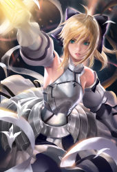 Rule 34 | 1girl, armor, armored dress, armpits, artoria pendragon (fate), bare shoulders, blonde hair, fate/unlimited codes, fate (series), green eyes, highres, saber (fate), saber lily, sakimichan, solo, sword, weapon
