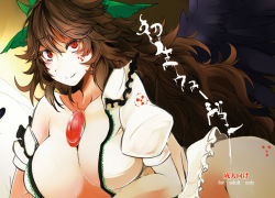 Rule 34 | 1girl, bottomless, bow, breasts, brown hair, cleavage, female focus, gradient background, hair bow, large breasts, long hair, lying, no bra, on side, open clothes, open shirt, radiation symbol, red eyes, reiuji utsuho, shirt, smile, solo, takaharu, third eye, touhou, very long hair, wings