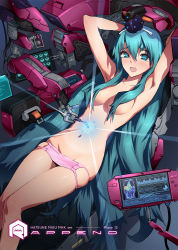 Rule 34 | 1girl, aqua eyes, aqua hair, armpits, arms up, censored, completely nude, convenient censoring, hair censor, hair down, hair over breasts, hatsune miku, hatsune miku (append), highres, long hair, looking at viewer, mhk (mechamania), navel, nude, open mouth, skindentation, solo, tears, very long hair, vocaloid, vocaloid append