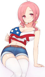 Rule 34 | 10s, 1girl, amatsuka megumi (gj-bu), american flag, arm support, bad id, bad pixiv id, blush, bow, breasts, cleavage, flag print, gj-bu, hair bow, highres, large breasts, looking at viewer, midriff, navel, nekoume, pink eyes, pink hair, short hair, simple background, smile, solo, thighhighs, white background, white thighhighs