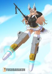 Rule 34 | 1girl, absurdres, ahoge, bird tail, black jacket, blonde hair, blouse, blue eyes, blue sky, breasts, cloud, flying, fugubarakun, gluteal fold, goggles, goggles on head, gun, hanna-justina marseille, head wings, highres, jacket, large breasts, long hair, machine gun, mg 34, panties, pleated skirt, shirt, skirt, sky, solo, strike witches, striker unit, tail, thighs, underwear, weapon, white panties, white shirt, white skirt, wings, witches of africa, world witches series