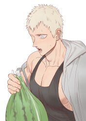 Rule 34 | 1boy, bara, black tank top, from side, highres, holding, hot, jacket, laian (one punch man), large pectorals, male focus, muscular, muscular male, one-punch man, open clothes, open jacket, pectoral cleavage, pectorals, short hair, sidepec, solo, stvdm, sweat, tank top, upper body