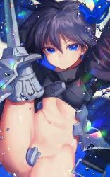 Rule 34 | 10s, 1girl, annoyed, armored boots, bad id, bad twitter id, belt buckle, black hair, black jacket, blue bow, blue eyes, boots, bow, buckle, cosplay, cropped jacket, crotch plate, fate/extra, fate/extra ccc, fate/grand order, fate (series), frown, genderswap, genderswap (mtf), hair bow, high collar, highres, houshin engi, jacket, long sleeves, looking at viewer, meltryllis (fate), meltryllis (fate) (cosplay), mimoza (96mimo414), navel, revealing clothes, short hair, solo, spiked hair, spikes, taikoubou, water drop
