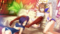 Rule 34 | 3girls, :/, all fours, ar nosurge, arm around waist, arm behind back, ass, blue eyes, blunt bangs, blush, breasts, brown hair, brown legwear, couch, dutch angle, feet, femdom, flat chest, foot worship, game cg, hair between eyes, head tilt, ionasal kkll preciel, kanoyeel kkll preciel, kneeling, large breasts, licking, licking foot, long hair, medium breasts, multiple girls, navel, nayaflask, no shoes, ntny, official art, on floor, open mouth, orange eyes, panties, plant, pleated skirt, profile, purple hair, side ponytail, silver hair, sitting, skirt, smile, surge concerto, tears, thighhighs, tongue, tongue out, underwear, very long hair, white panties, white skirt, yuri