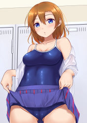 Rule 34 | 1girl, absurdres, alternate hairstyle, blue eyes, blue skirt, blush, breasts, brown hair, cameltoe, cleft of venus, clothes lift, competition school swimsuit, gluteal fold, hair between eyes, highres, indoors, kosaka honoka, lifting own clothes, locker, locker room, looking at viewer, love live!, love live! school idol project, medium breasts, medium hair, mobukichi, one-piece swimsuit, otonokizaka school uniform, school swimsuit, school uniform, shirt, skirt, skirt lift, solo, standing, swimsuit, swimsuit under clothes, undressing, white shirt