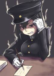 Rule 34 | 10s, 1girl, a9b (louis814), adjusting hair, akitsu maru (kancolle), angry, black hair, clenched teeth, desk, gloves, hand on own head, hat, highres, kantai collection, military, military uniform, nib pen (object), one-hour drawing challenge, peaked cap, pen, pentagram, purple eyes, remodel (kantai collection), scowl, shaded face, short hair, signature, snarl, solo, teeth, twitter username, uniform