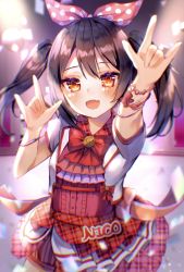 Rule 34 | 1girl, artist name, artist request, black hair, blush, bow, bowtie, bracelet, breasts, center frills, checkered clothes, checkered skirt, dress, female focus, frilled dress, frills, hair between eyes, hair bow, heart bracelet, highres, jewelry, long hair, looking at viewer, love live!, love live! school idol festival, love live! school idol project, m/, miniskirt, nico nico nii, parted lips, pearl bracelet, pink dress, pink skirt, plaid, plaid dress, plaid skirt, pleated, pleated dress, pleated skirt, polka dot, polka dot bow, puffy short sleeves, puffy sleeves, red bow, red eyes, short hair, short sleeves, short twintails, shorts, shorts under skirt, skirt, smile, solo, twintails, white dress, wrist bow, yazawa nico