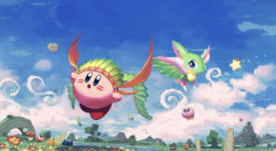 Rule 34 | absurdres, blue sky, bronto burt, bug, butterfly, closed eyes, closed mouth, copy ability, day, facepaint, flying, gooey (kirby), highres, insect, kirby, kirby (series), nintendo, outdoors, parted lips, scenery, sky, sleeping, suyasuyabi, waddle doo, warp star, wing kirby