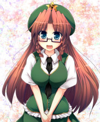 Rule 34 | 1girl, bespectacled, between breasts, blue eyes, blush, braid, breasts, chinese clothes, clothes between breasts, dress, female focus, glasses, green dress, hat, hong meiling, long hair, necktie, open mouth, red hair, smile, solo, tekehiro, touhou, twin braids, v arms