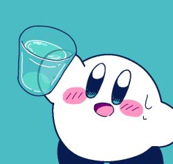 Rule 34 | amedama (akaki 4207), aqua background, blue eyes, cup, holding, holding cup, kirby, kirby (series), liquid, looking at viewer, nintendo, no humans, open mouth, simple background, smile, sweatdrop