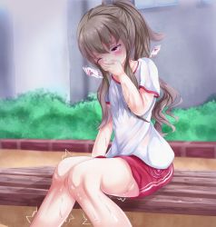 Rule 34 | alternate costume, ambrosia (quatro9106), bench, blush, bra, breast pocket, brown hair, bush, character request, chunithm, covering own mouth, crying, day, egg vibrator, embarrassed, gym uniform, half-closed eyes, hand up, heart, japanese text, knees together feet apart, long hair, one eye closed, outdoors, pocket, ponytail, purple eyes, red shorts, remote control vibrator, see-through, sex toy, shirt, short shorts, short sleeves, shorts, sidelocks, sitting, speech bubble, spoken heart, sweat, tears, translation request, trembling, underwear, vibrator, white shirt, wince