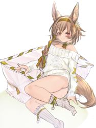 Rule 34 | 1girl, arknights, ass, beanstalk (arknights), bell, blush, brown hair, collar, frilled collar, frills, green hairband, green ribbon, hair ornament, hair ribbon, hairband, hairclip, highres, hyena ears, hyena girl, hyena tail, kochiya (gothope), long hair, long sleeves, looking at viewer, lying, naked sweater, neck bell, off-shoulder sweater, off shoulder, one-piece swimsuit, red eyes, ribbon, simple background, socks, solo, star (symbol), star hair ornament, sweater, swimsuit, thighs, white background, white collar, white one-piece swimsuit, white socks, white sweater