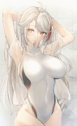 Rule 34 | 1girl, absurdres, antenna hair, arms behind head, arms up, azur lane, blush, breasts, closed mouth, collared shirt, covered navel, dress shirt, highleg, highleg swimsuit, highres, large breasts, long hair, looking at viewer, mole, mole on breast, multicolored hair, one-piece swimsuit, open clothes, open shirt, orange eyes, prinz eugen (azur lane), red hair, shirt, short sleeves, silver hair, smile, streaked hair, swept bangs, swimsuit, wet, white one-piece swimsuit, white shirt, yusha m