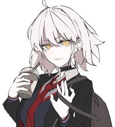 Rule 34 | 1girl, ahoge, bag, blazer, choker, cup, earrings, fate/grand order, fate (series), highres, jacket, jeanne d&#039;arc alter (avenger) (fate), jeanne d&#039;arc alter (fate), jewelry, jitome, lips, medium hair, necktie, pale skin, red nails, red necktie, ri o ne su, simple background, solo, stud earrings, sweater, white background, wind, yellow eyes