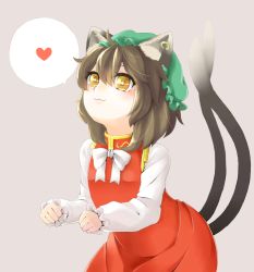 Rule 34 | 1girl, animal ears, brown hair, cat ears, cat tail, chen, dress, earrings, hat, heart, jewelry, koi y, long sleeves, looking up, mob cap, multiple tails, purple background, red dress, ribbon, short hair, simple background, single earring, smile, solo, tail, touhou, turtleneck, upper body, yellow eyes
