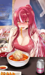 Rule 34 | 1girl, blush, breasts, can, cleavage, crying, crying with eyes open, doll, drink can, eating, food, highres, hololive, houshou marine, kaji zarame, large breasts, long hair, multicolored hair, noodles, nose blush, pink tank top, ponytail, ramen, red hair, soda can, spicy, tank top, tearing up, tears, virtual youtuber, yellow eyes