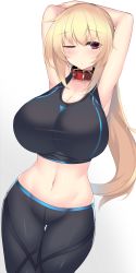 Rule 34 | 1girl, armpits, arms behind head, arms up, bare arms, belt collar, black bra, black pants, blonde hair, bra, breasts, buckle, cleavage, collar, commentary request, dutch angle, grey background, groin, hair between eyes, highres, huge breasts, impossible clothes, kubiwa (kutan), kutan, long hair, looking at viewer, midriff, navel, one eye closed, original, pants, pink eyes, ponytail, red collar, shiny clothes, shiny skin, sidelocks, simple background, solo, sports bra, sportswear, standing, stomach, stretching, thigh gap, tight clothes, tight pants, underwear