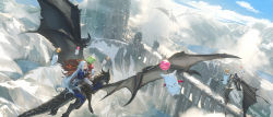 Rule 34 | 1boy, 2girls, above clouds, absurdres, alphinaud leveilleur, animal ears, arcade (architecture), arch, artist name, bird, black footwear, blue eyes, blue hair, blue sky, boots, bridge, cape, cat ears, chinese commentary, city, cloud, commentary request, day, dragon, dragon riding, dutch angle, elezen, elf, estinien varlineau, fantasy, fantasy earth zero, final fantasy, final fantasy xiv, flying, from above, glint, green hair, hand up, highres, in-universe location, landscape, long hair, long sleeves, low twintails, miqo&#039;te, moogle, mountain, mountainous horizon, multiple girls, open mouth, orange cape, outdoors, pointy ears, riding, scenery, silhouette, sitting, sky, smile, snow, stone, thigh boots, torn cape, torn clothes, toto (caaaaarrot), tower, twintails, very long hair, warrior of light (ff14), water, wide shot, ysayle dangoulain